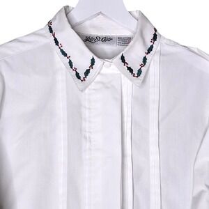 VTG Yves St Clair Christmas Button Shirt White Holiday Ivy Collar Embroidered 12